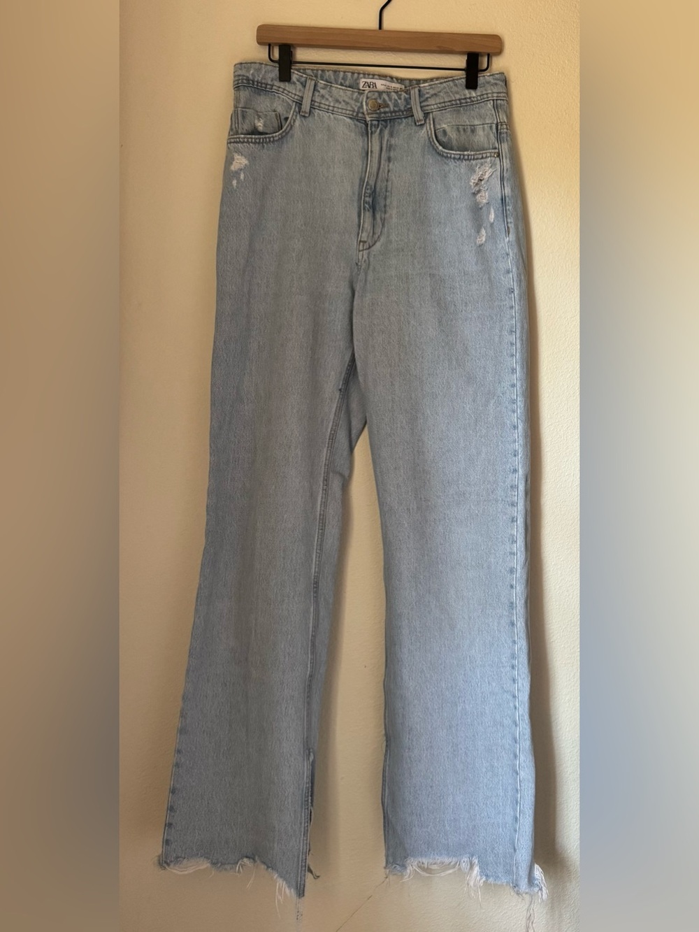 Zara Light Wash Distressed Slit Leg Jeans Size 10